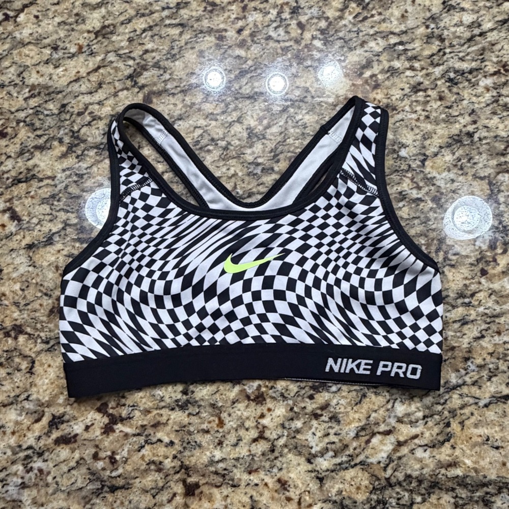 Nike Pro Dri-FIT Sports Bra Womens‎ Small Black White Warped Checkerboard Neon